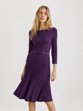London Times Purple Pleated Knit Dress Size L 3/4 Sleeve Fit & Flare Midi